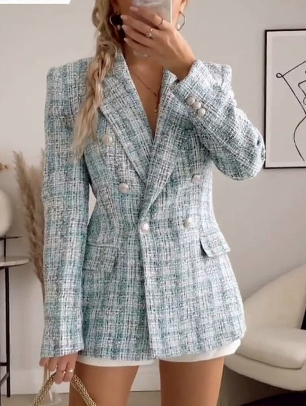 Zara Textured Tweed Blazer Blue Size XS